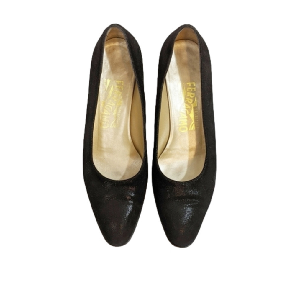 Salvatore Ferragamo black shimmer block low heel women's shoes size 6